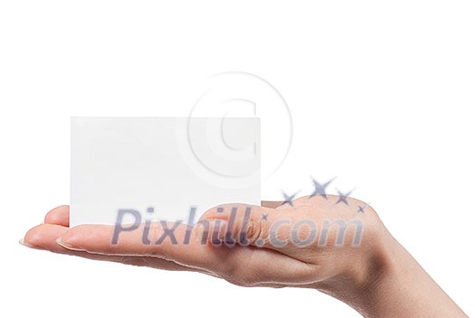 Woman hand holding empty visiting card and pointing on it isolated on white Woman hand holding empty visiting card and pointing on it isolated on white