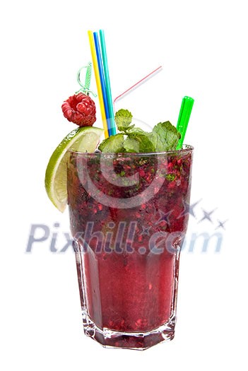 Energy mohito with mint, lime and raspberry isolated on white