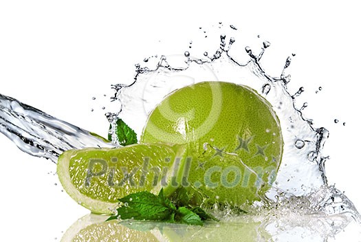 Water splash on lime with mint isolated on white Water splash on lime with mint isolated on white