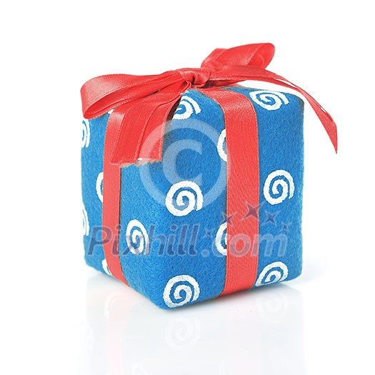 Blue gift with red ribbon isolated on white