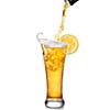 Beer pouring from bottle into glass with lemon isolated on white