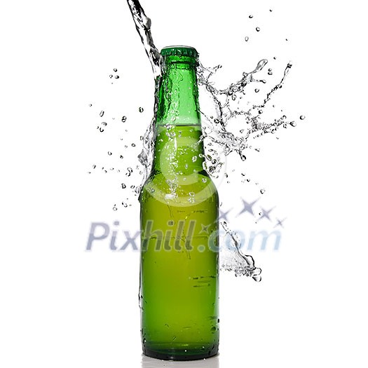 Green beer bottle with water splash isolated on white Green beer bottle with water splash isolated on white