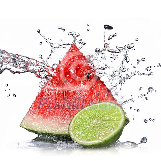 watermelon, lime and water splash isolated on white