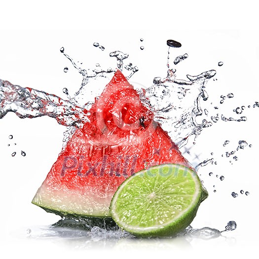 watermelon, lime and water splash isolated on white watermelon, lime and water splash isolated on white
