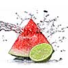 watermelon, lime and water splash isolated on white