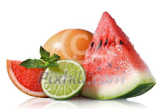 Watermelon, grapefruit and lime with mint isolated on white