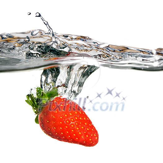 Fresh strawberry dropped into water with splash isolated on white