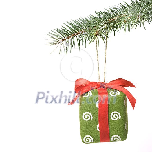 Christmas gift on fir tree branch with snow isolated on white