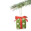 Christmas gift on fir tree branch with snow isolated on white