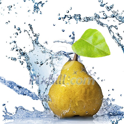 yellow pear with leaf and water splash isolated on white 