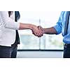 business people man and woman  shake hands make deal and sign contract