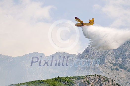 Airplane droping water on fire on island Airplane droping water on fire on island