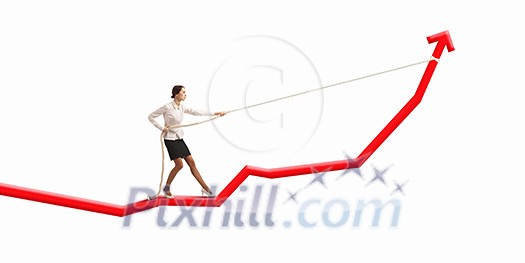 Image of businesswoman standing on graph. Income and profit