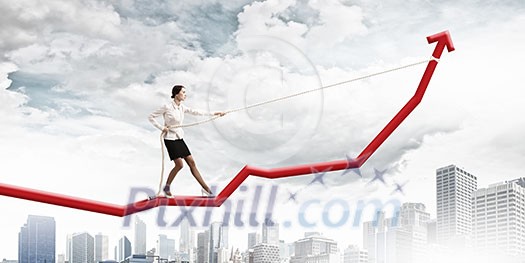 Image of businesswoman standing on graph. Income and profit Image of businesswoman standing on graph. Income and profit