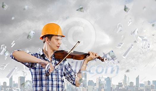 Image of man builder playing on violin