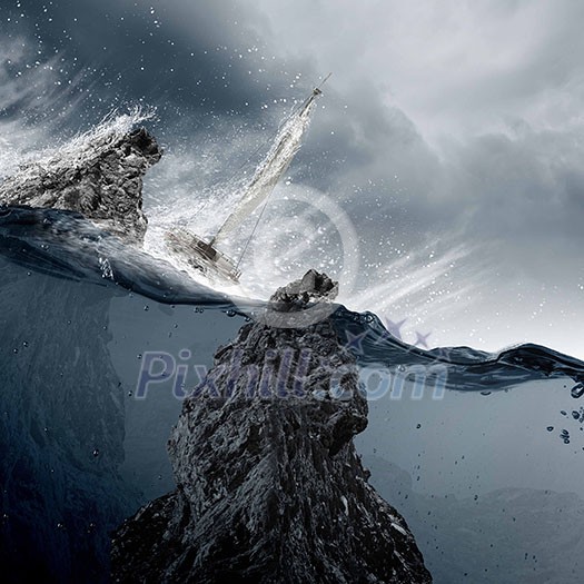 Submerged ocean view with yacht floating above Submerged ocean view with yacht floating above