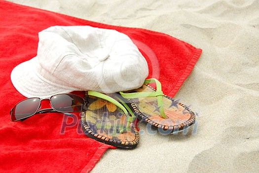 Beach items on sand Beach items on sand