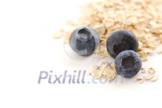 Blueberries and oats macro on white background