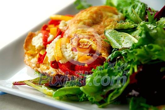 Freshly made omelette served with green salad Freshly made omelette served with green salad