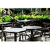 Restaurant outdoor patio with black patio firniture