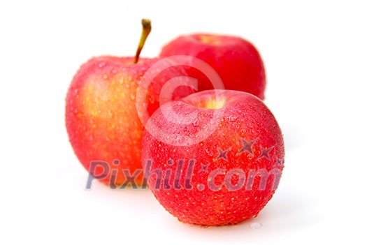 Three red apples with water droplets on white background, focus on the front apple