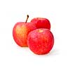Three red apples with water droplets on white background, focus on the front apple