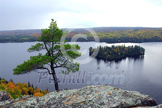Scenic view of lake and island in Algonquin provincial park Ontario Canada from hill top Scenic view of lake and island in Algonquin provincial park Ontario Canada from hill top
