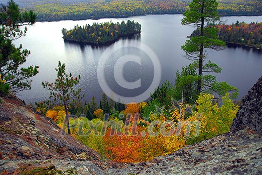 Scenic view of a lake and islands in Algonquin provincial park Ontario Canada from hill top