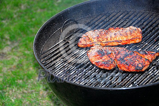 Wood burning barbeque and steaks 