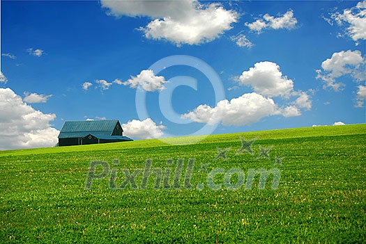Barn in summer farm field, deep blue sky Barn in summer farm field, deep blue sky