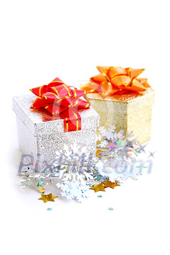 Christmas gift boxes on white background