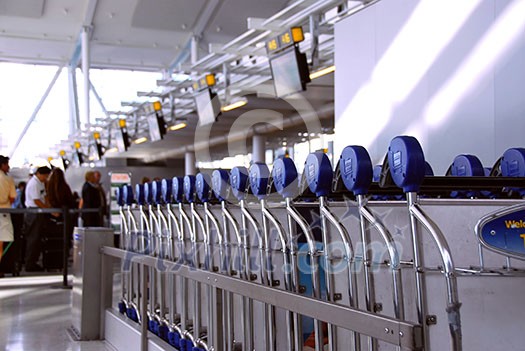 Luggage carts at modern international airport, passengers at check-in counter in the background Luggage carts at modern international airport, passengers at check-in counter in the background