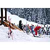 Ski rack near a chalet at downhill ski resort