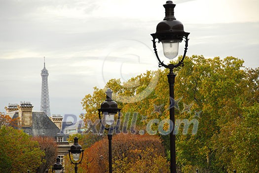 Street in Paris France with lightposts on overcast autumn day