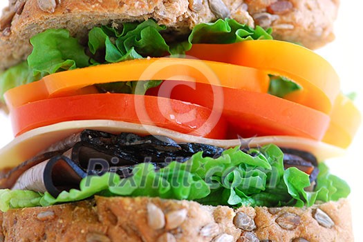 Big healthy sandwich with vegetables and meat close up