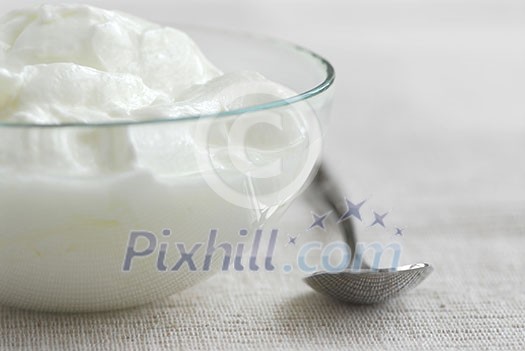 Fresh yogurt served in a clear glass bowl