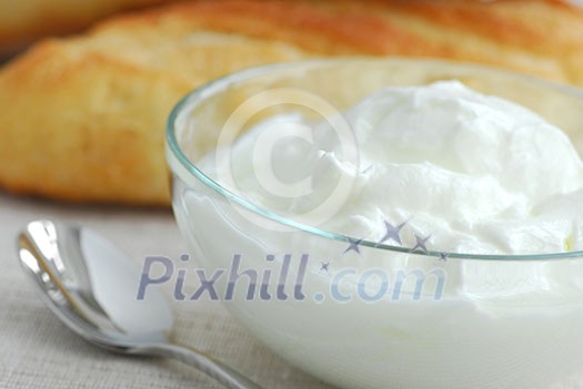 Fresh yogurt served in a clear glass bowl