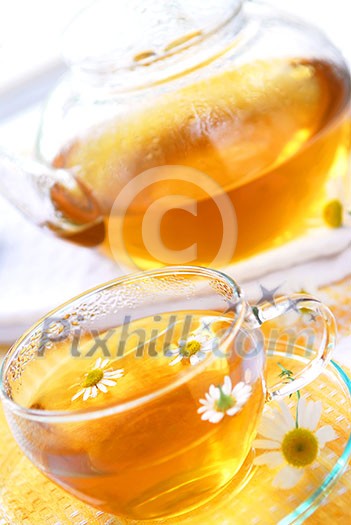 A teacup and a teapot with soothing herbal camomile tea A teacup and a teapot with soothing herbal camomile tea