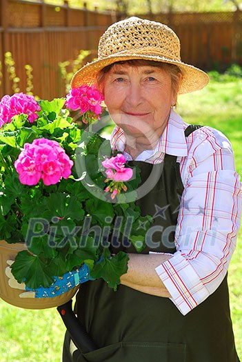 Senior woman holding a pot with flowers in her garden Senior woman holding a pot with flowers in her garden