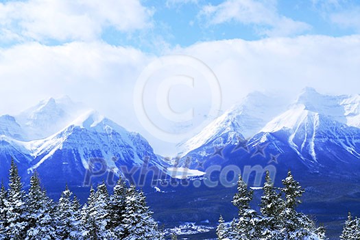 Snowy mountain ridge at Lake Louise ski resort in Canadian Rockies