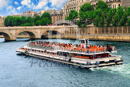 Boat tour on Seine river in Paris, France Boat tour on Seine river in Paris, France