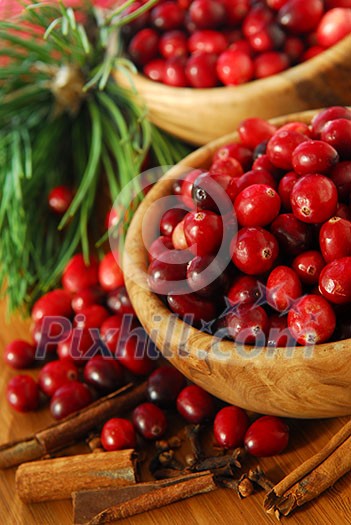 Fresh red cranberries in wooden bowls with spices and pine branches