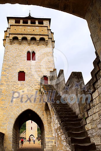 Medieval Valentre bridge in Carhors in southwest France Medieval Valentre bridge in Carhors in southwest France