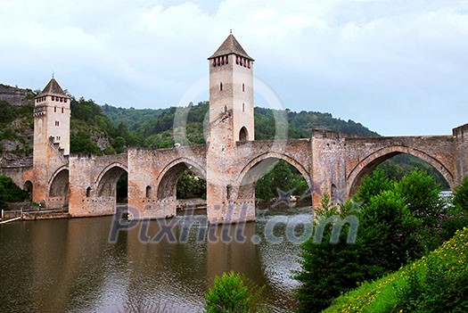 Medieval Valentre bridge in Carhors in southwest France Medieval Valentre bridge in Carhors in southwest France