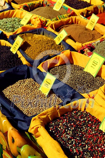 Assorted spices for sale on french farmers market in Perigueux, France Assorted spices for sale on french farmers market in Perigueux, France