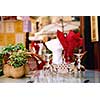 Outdoor restaurant patio on the street of Sarlat, Dordogne region, France