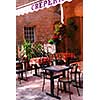 Restaurant patio in medieval town of Sarlat, France