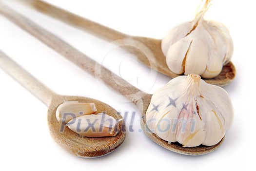 Bulbs and cloves of garlic on wooden spoons isolated on white background Bulbs and cloves of garlic on wooden spoons isolated on white background