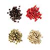 Heaps of assorted peppercorns on white background, top view