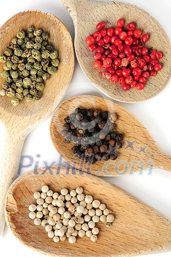 Four kinds of peppercorns in wooden cooking spoons Four kinds of peppercorns in wooden cooking spoons